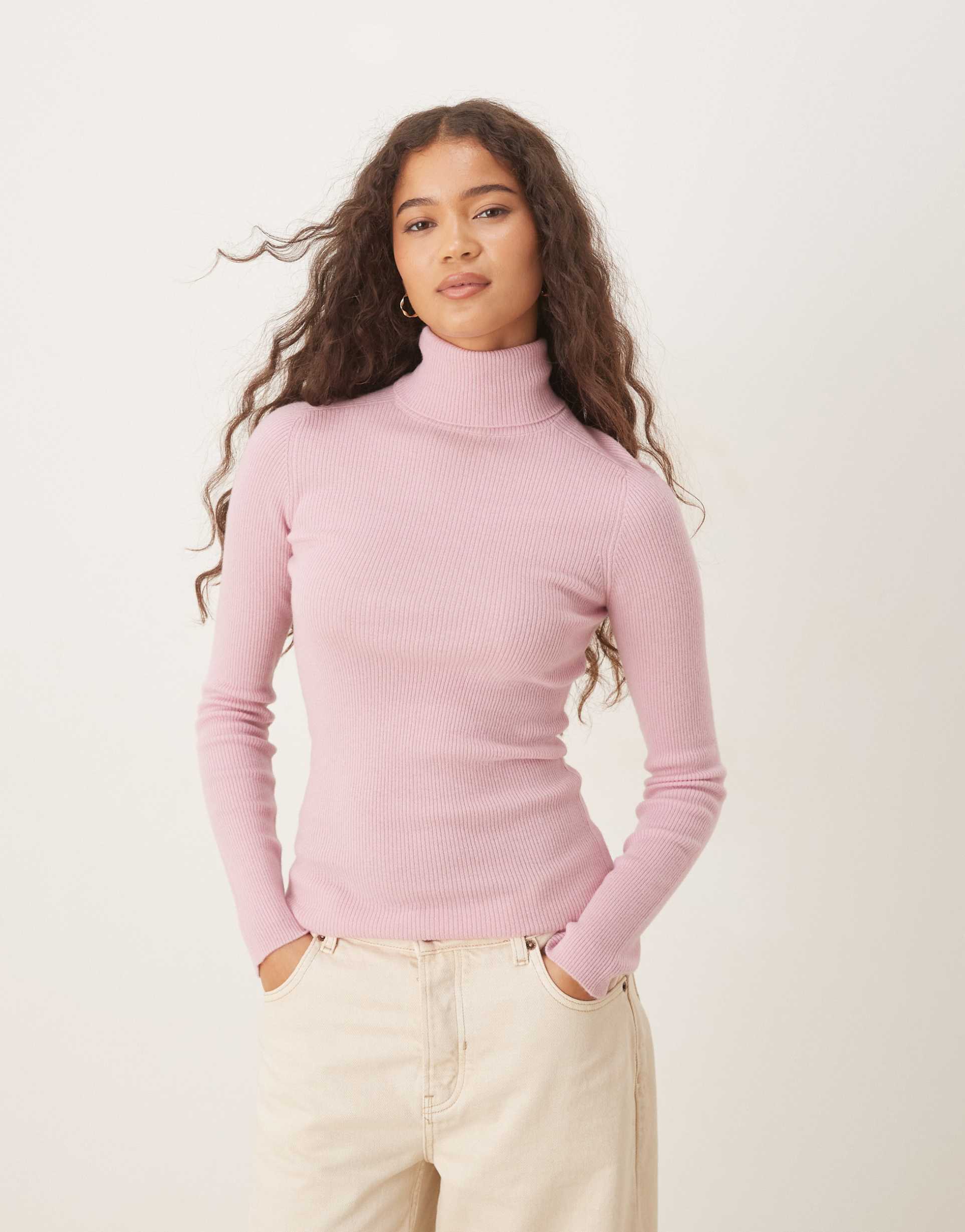 mango knit soft touch turtle neck sweater in light pink