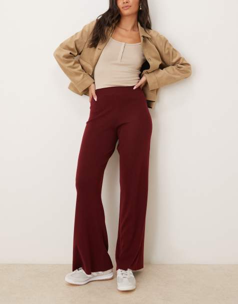 Mango knit soft touch wide leg pants in dark red - view 1