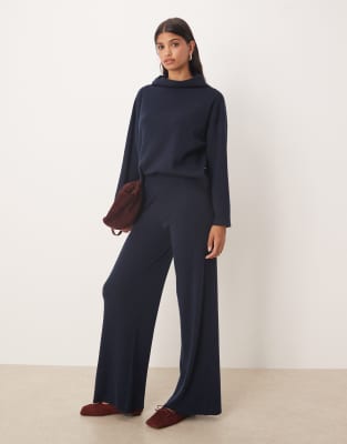 Mango Knit Soft Touch Wide Leg Pants In Blue