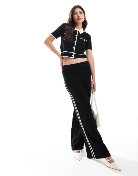 Mango knit straight leg side striped pants in black - part of a set - view 1