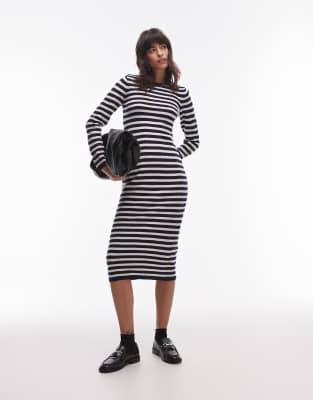 knit striped midi dress in black