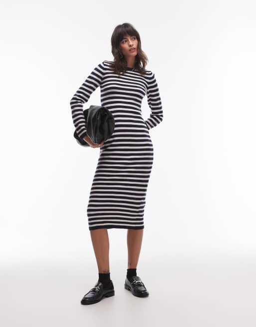 Mango knit striped midi dress in black