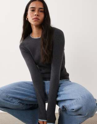 Mango Knit Sweater With Contrast Trim In Gray
