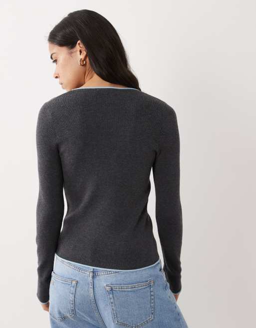 Mango knit sweater with contrast trim in charcoal, 4 of 4