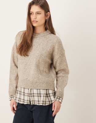 Mango Knit Sweater With Plaid Shirt In Brown