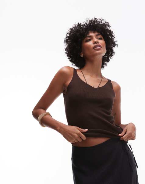 Mango knit thin strap tank top in chocolate - view 1