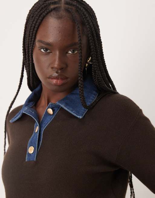 Mango knit top with denim collar in chocolate | ASOS