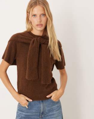 Mango Knit Top With Scarf Detail In Brown