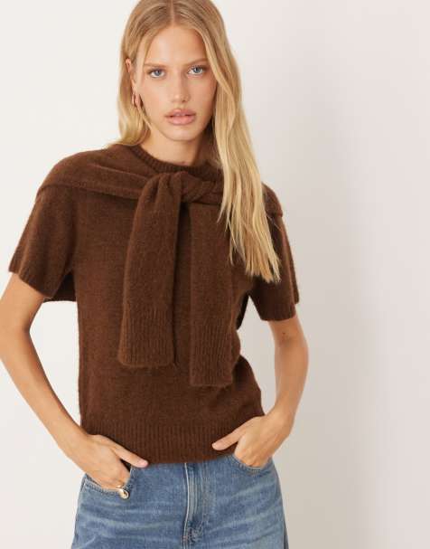 Mango knit top with scarf detail in chocolate - view 1