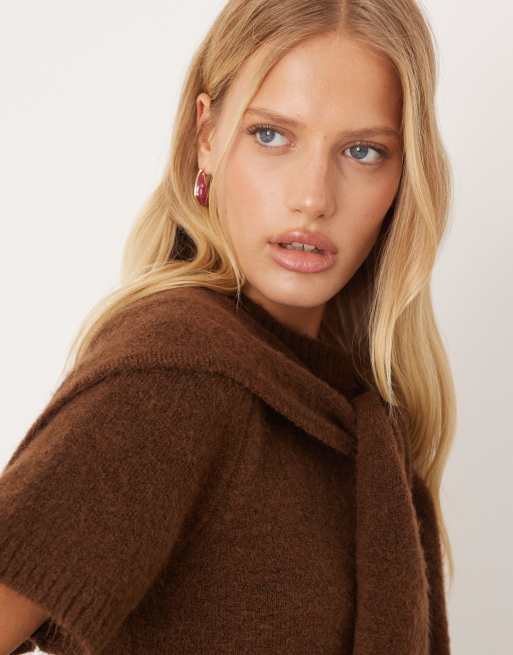 Mango knit top with scarf detail in chocolate