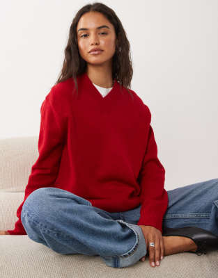 Mango Knit V Neck Sweater In Red