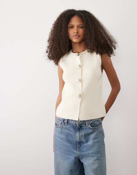 Mango knit vest top with sun statement buttons in cream - view 1