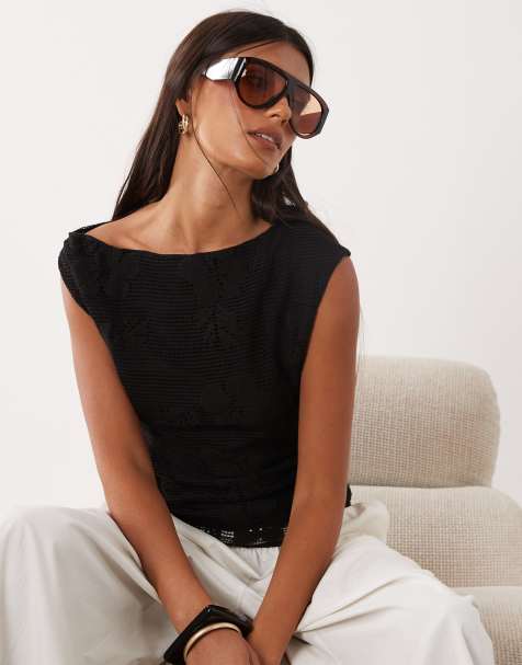 Mango knitted asymmetric top with lace trim in black - view 1