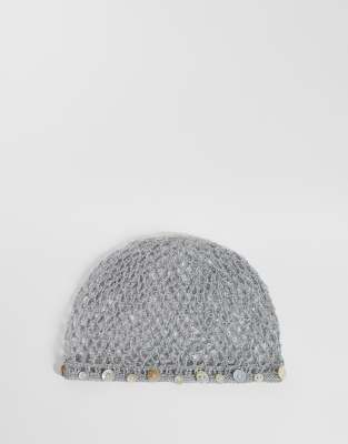 Mango Knitted Beanie Hat With Button Detail In Gray