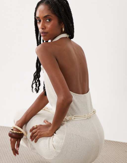 Mango knitted belted halterneck maxi dress in cream, 3 of 4