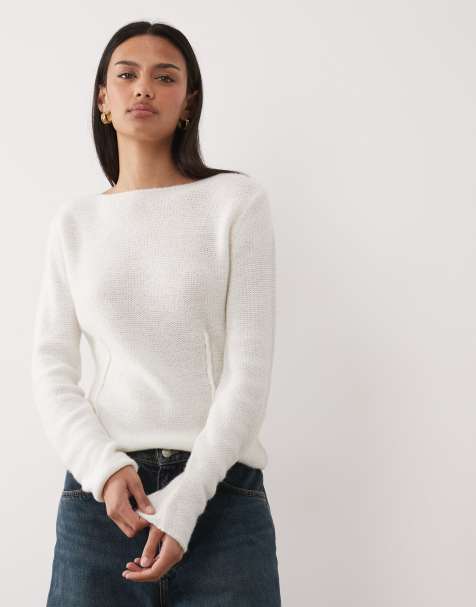 Mango knitted boat neck top in cream 