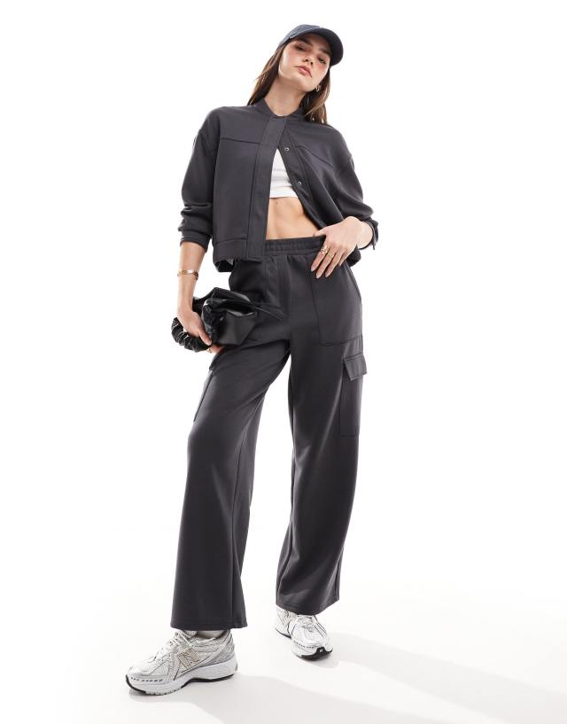 Mango - knitted bomber and elasticated waist relaxed jogger co-ord set in charcoal