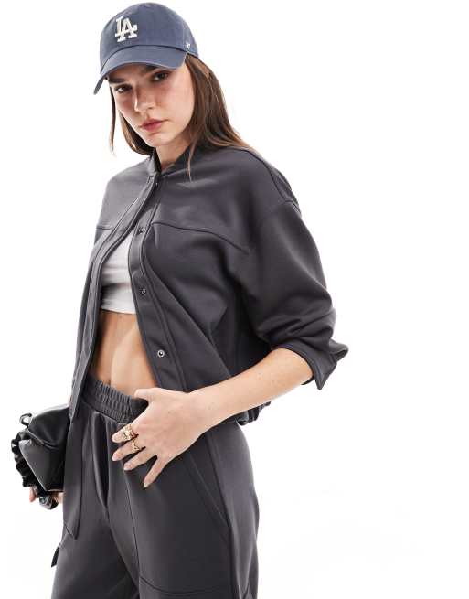 Mango knitted bomber jacket in charcoal - part of a set