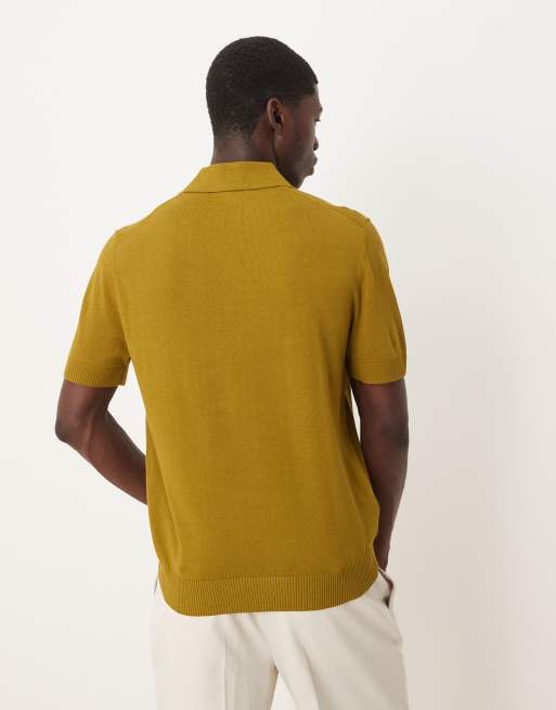 Mango knitted button detail polo top in dark green   , 3 of 5