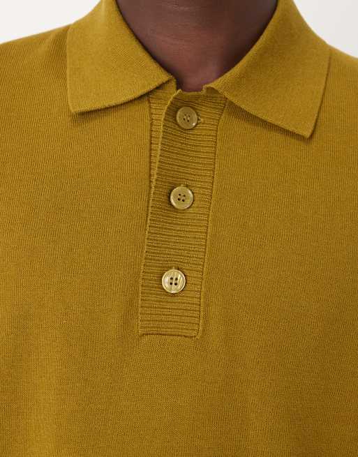 Mango knitted button detail polo top in dark green   , 5 of 5