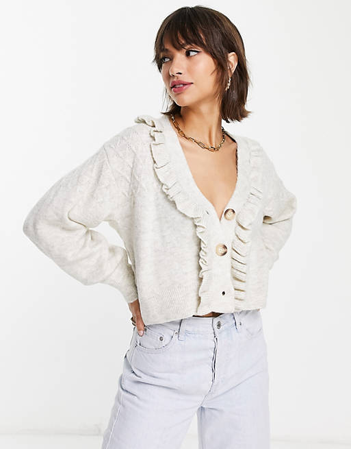  Mango knitted button down jumper with ruffles in beige 