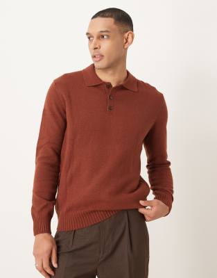 Mango Mango knitted button down polo jumper in burgundy-Red