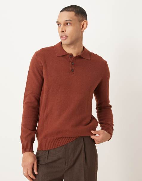 Mango knitted button down polo jumper in burgundy - view 1