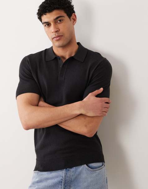 Mango knitted button down short sleeve polo shirt in black - view 1