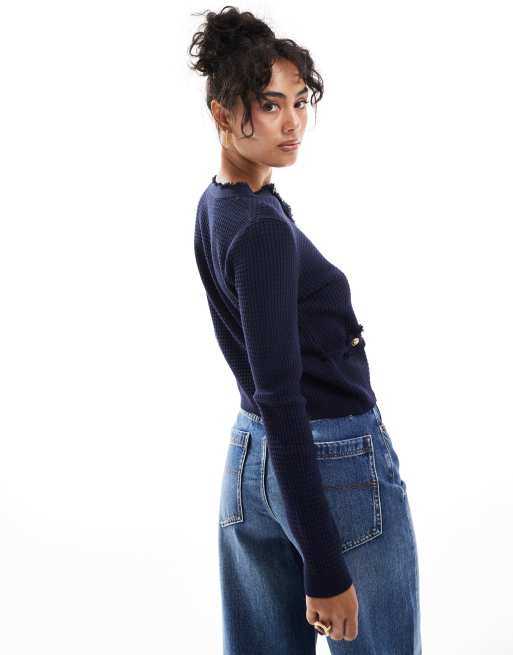 Mango knitted button through jacket in navy, 3 of 4