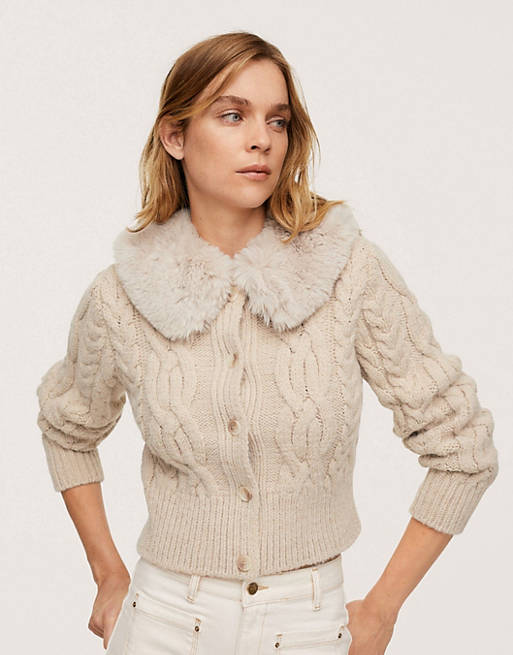 Mango knitted cable knit cardigan with fur collar in light brown 