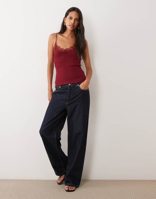 Mango knitted cami top with lace trim in wine  , 2 of 4