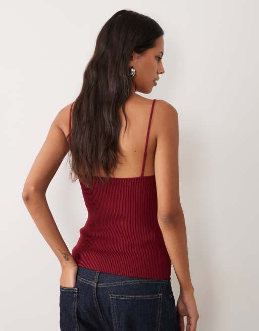 Mango knitted cami top with lace trim in wine  , 4 of 4