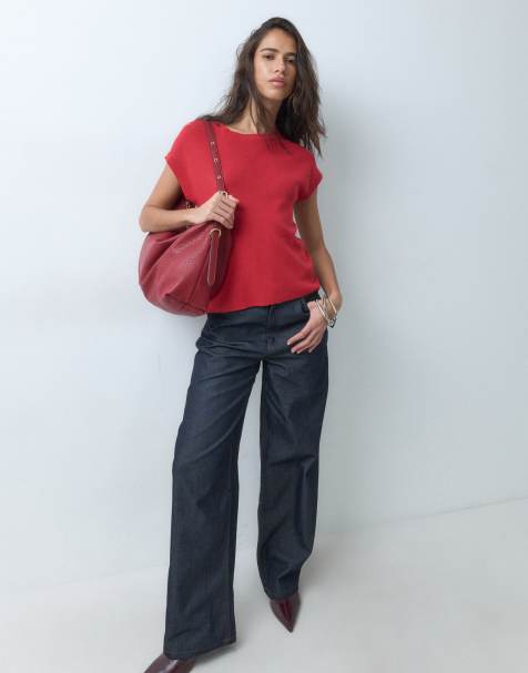 Mango knitted cap sleeve t-shirt in red