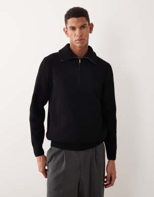 Mango knitted chunky rib half zip jumper in black