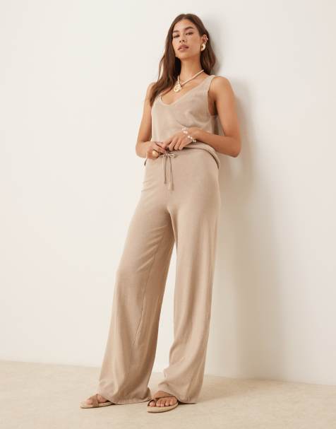 Mango knitted co-ord drawstring trouser in beige - view 1