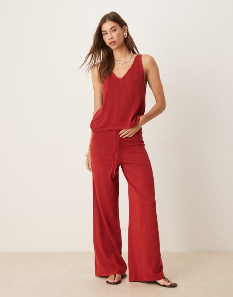 Mango knitted co-ord drawstring trouser in red - view 1