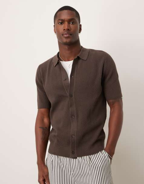 Mango knitted cotton short sleeve shirt in brown - view 1