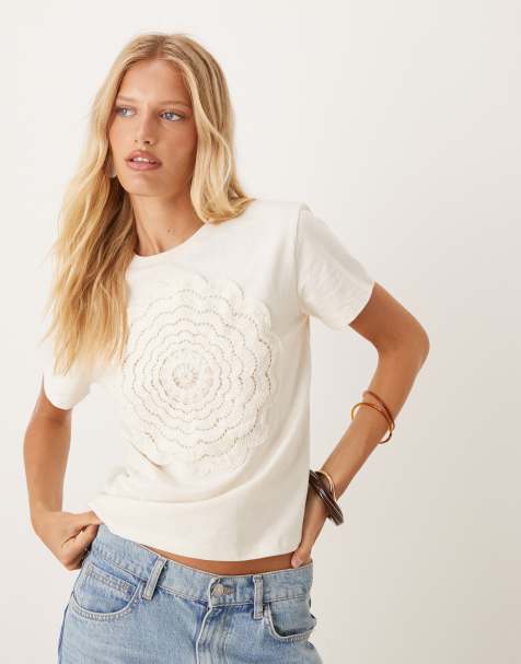 Mango knitted crochet flower t-shirt in cream - view 1