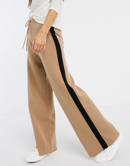Mango knitted flared trousers with contrast stripe in camel
