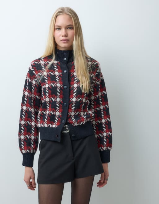 Mango knitted funnel neck jacket in blue, 3 of 4