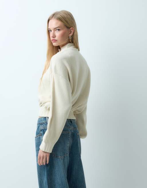 Mango knitted funnel neck jacket in ecru, 3 of 4