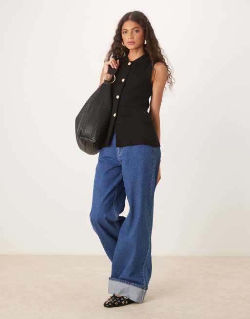 Mango knitted gold button waistcoat in black, 2 of 4