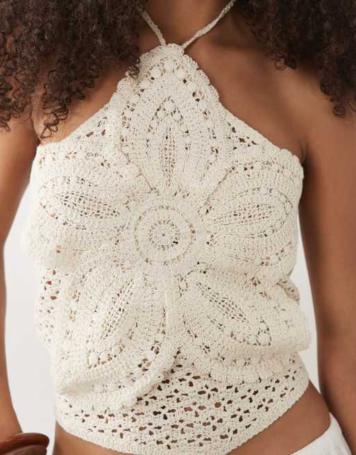 Mango knitted halterneck top with statement flower in beige, 3 of 4
