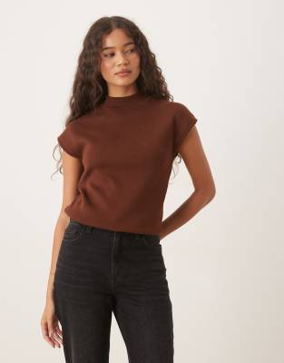 Mango Mango knitted high neck cap sleeve top in brown