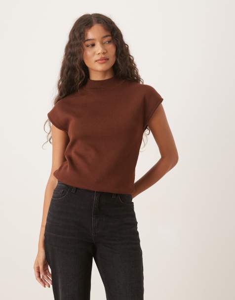 Mango knitted high neck cap sleeve top in brown - view 1