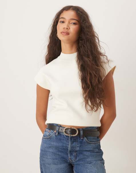 Mango knitted high neck cap sleeve top in cream - view 1