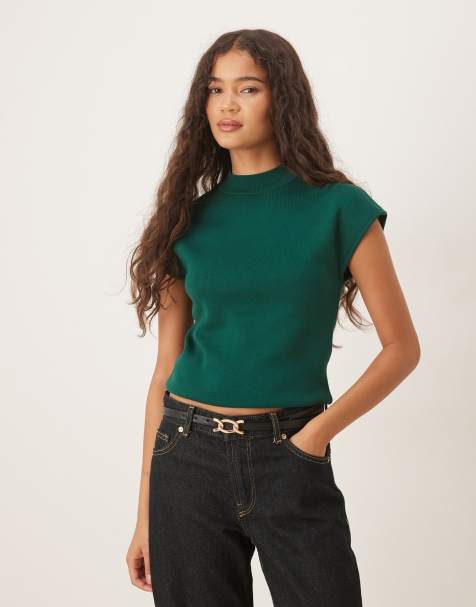 Mango knitted high neck cap sleeve top in green - view 1