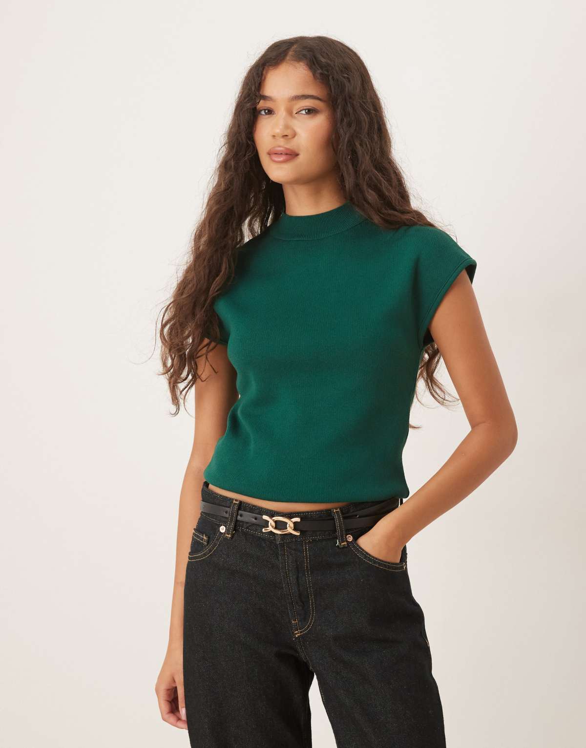 Mango knitted high neck cap sleeve top in green