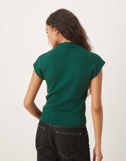 Mango knitted high neck cap sleeve top in green, 3 of 4