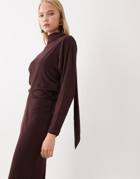 Mango knitted high neck midi dress in brown - view 1